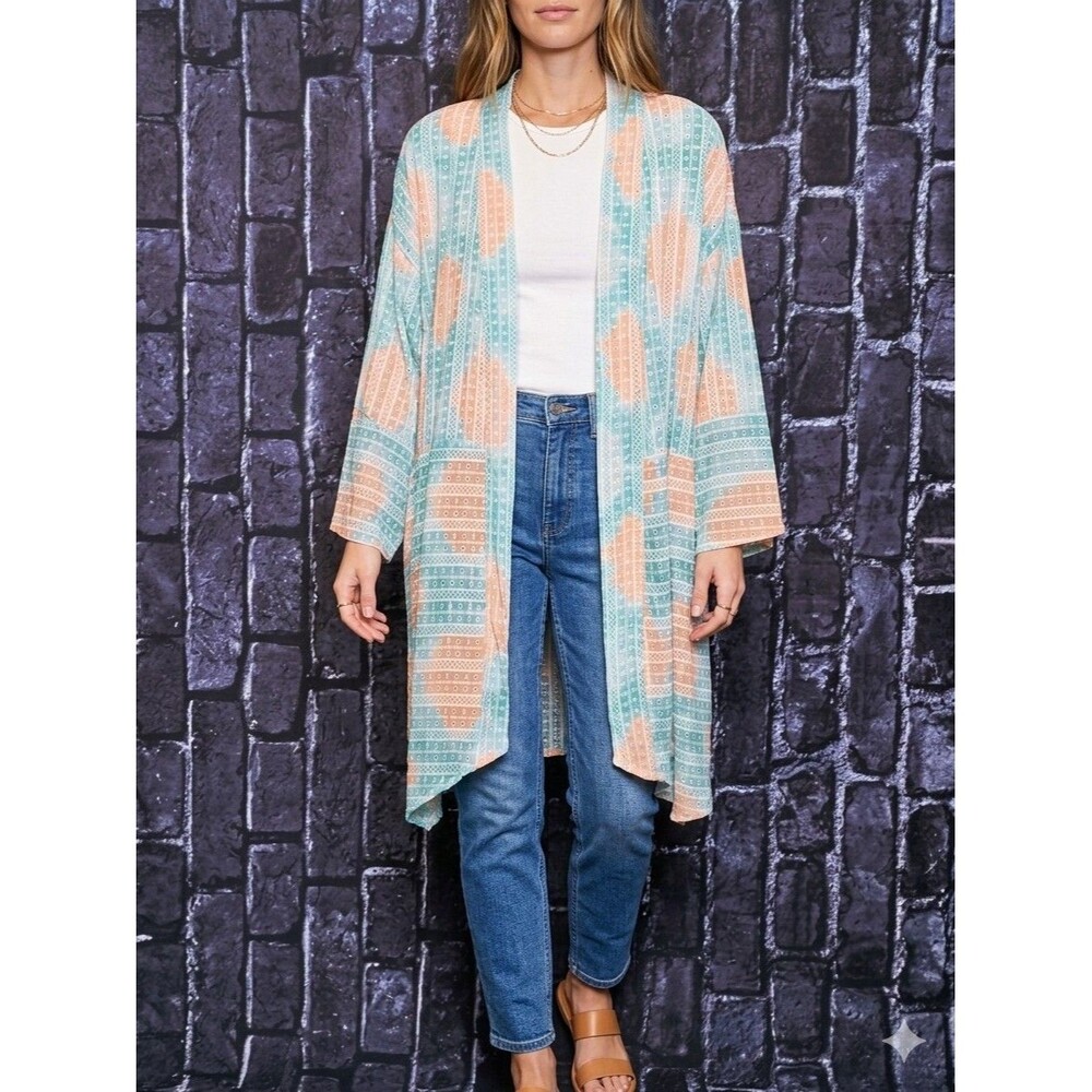 Ruby Rd. Open-Front Chiffon Kimono Cardigan Women's 2X Watercolor Diamond Print